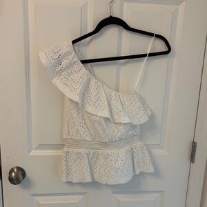 White One-Shoulder Eyelet Peplum Top
